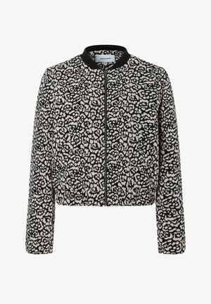 Kurz geschnittene Bomberjacke aus schwarzem und cremefarbenem Stoff mit floralem Muster, geripptem Kragen und durchgehendem Frontreißverschluss. Strukturierte Oberfläche mit elastischem Saum.