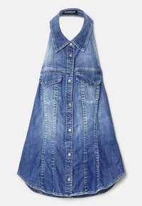 Chemise en jean bleu sans manches avec col, fermeture devant par boutons et deux poches poitrine à rabat avec boutons-pression.