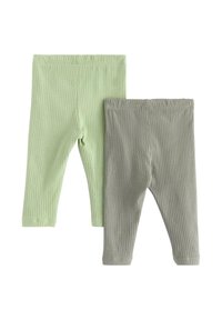 Due paia di leggings a coste in verde chiaro e verde oliva, con una vita elastica e un tessuto morbido e texturizzato.