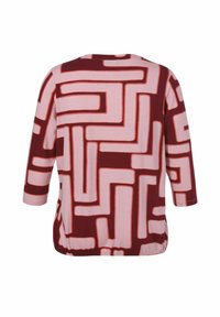 Bordeauxfarbenes und pinkes gemustertes Oberteil mit Dreiviertelärmel. Es zeichnet sich durch ein geometrisches Labyrinthdesign und eine lockere Passform mit Rundhalsausschnitt aus.