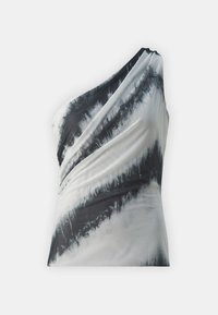 Asymmetrical one-shoulder top in a black and white tie-dye pattern, made of smooth fabric with draped detailing and soft texture.