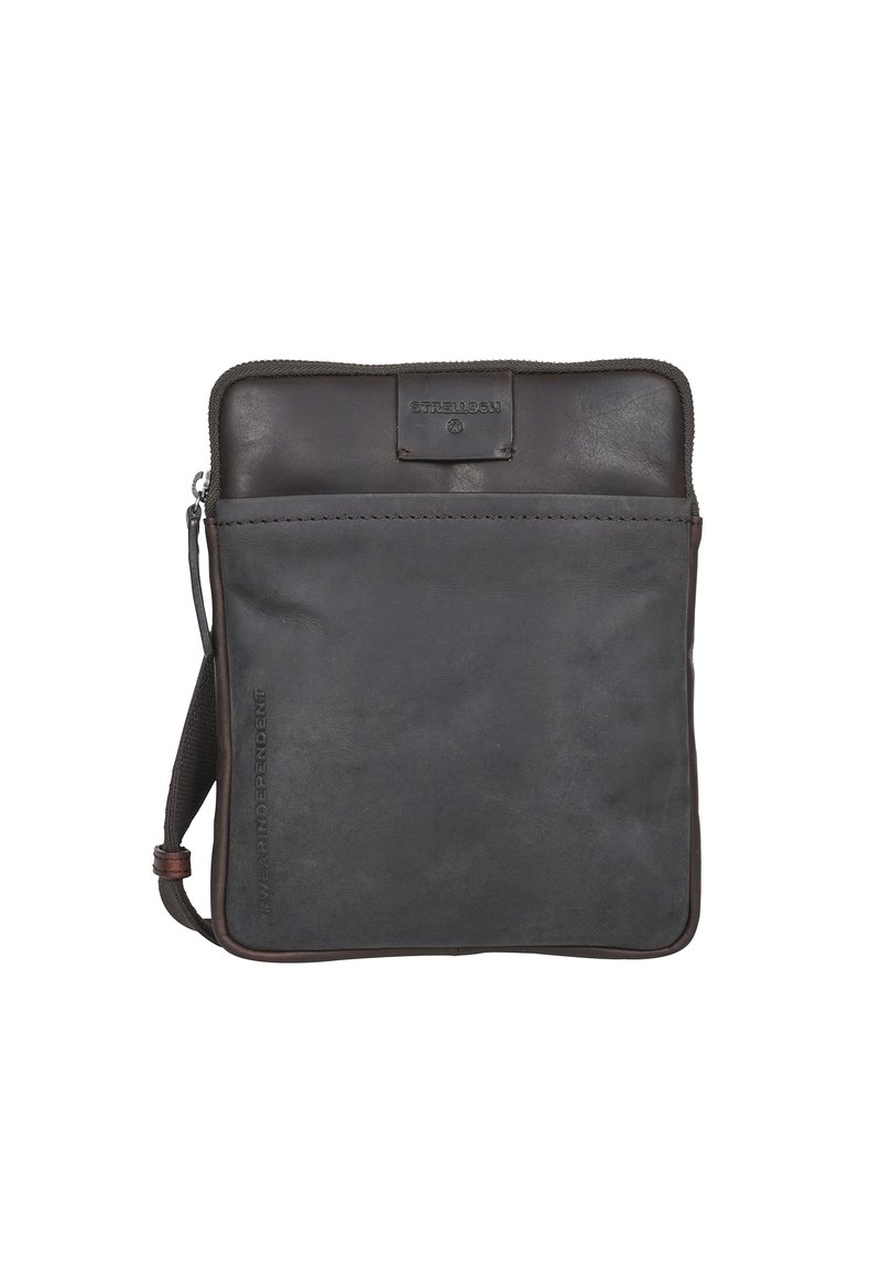 Borsa in pelle rettangolare grigio scuro e marrone, dotata di chiusura a zip, superficie texturizzata e una tracolla per un facile trasporto.