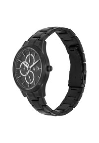 Schwarze Armbanduhr mit silbernen Akzenten, runder Ziffernblatt, drei Teilzeiger und einem Metallgliederarmband. Minimalistisches Design mit einer strukturierten Oberfläche.