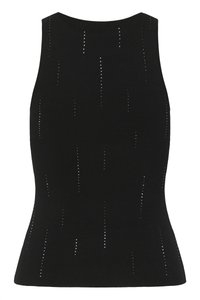 Top negru din tricot fără mâneci, cu perforații verticale. Are o siluetă ajustată și o textură netedă, potrivit atât pentru stratificare, cât și pentru a fi purtat singur.