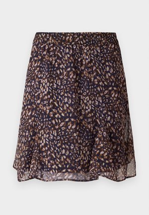 Fustă cu imprimeu de leopard, având o bază bleumarin cu pete de nuanțe nisipii și maro, realizată dintr-un material ușor, cu un elastic la talie și o siluetă fluidă.