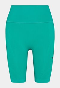 Shorts de cyclisme taille haute teal avec un petit logo Puma noir sur la cuisse droite, design sans couture et longueur jusqu'au milieu de la cuisse.