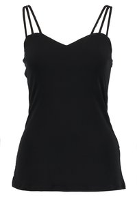 Svart linne i mjukt tyg med V-ringning, dubbla spagettiband och en figurnära design med rak fåll.