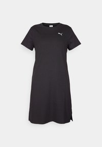 Vestido de camiseta negro de canalé con mangas cortas, escote redondo, aberturas laterales y un logo blanco en el lado izquierdo del pecho. Fabricado en tejido suave.