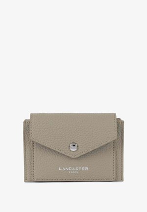 Gray textured leather wallet with a triangular flap, snap closure, and embossed "LANCASTER PARIS" logo in silver at the front.