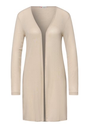 Cardigan long beige ouvert sur le devant avec manches longues, réalisé en tissu léger, conçu sans boutons ni fermetures.