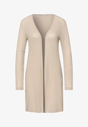 Beige lang cardigan med åben front og lange ærmer, lavet af letvægtsstof, designet uden knapper eller lukninger.