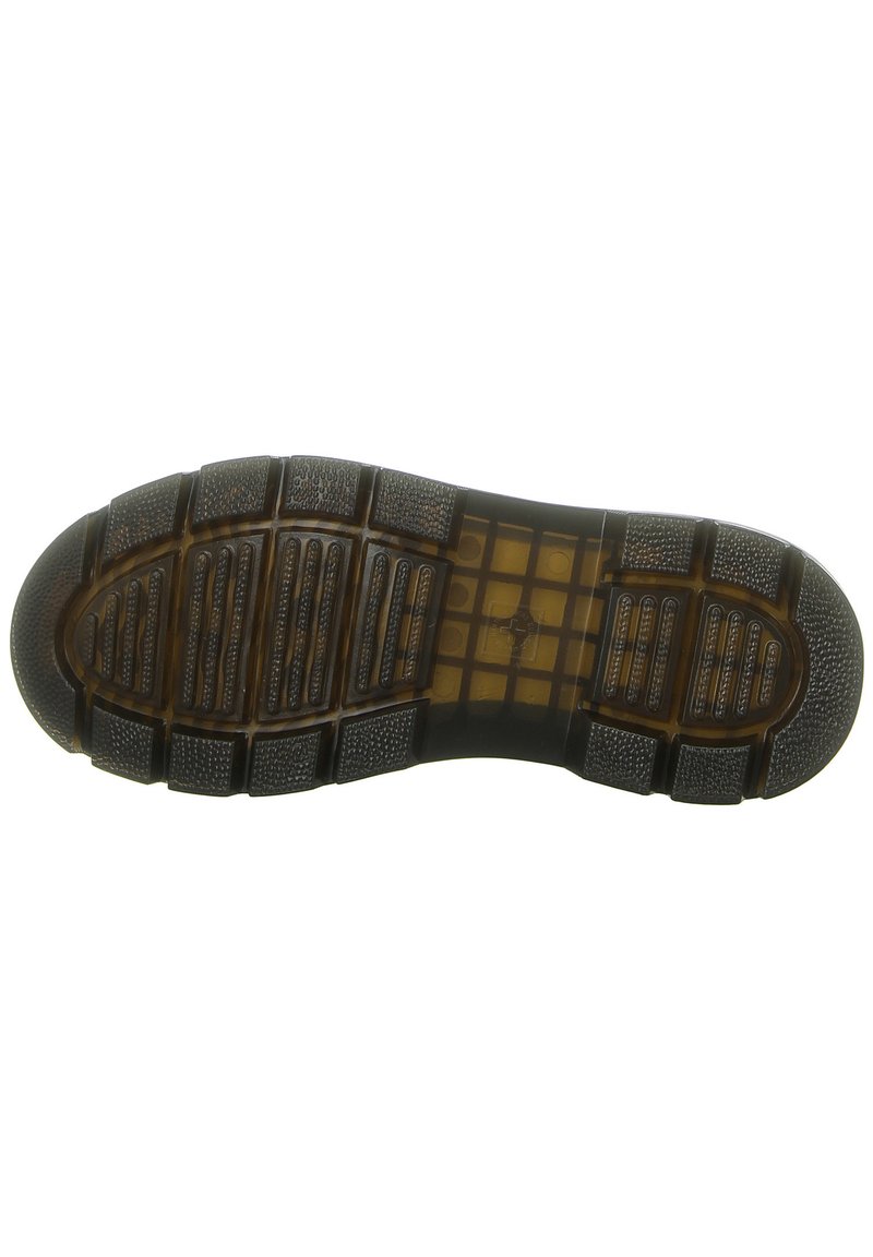 Rubber shoe sole with a textured, segmented design. Dark brown color with clear sections and ridges for traction and grip.