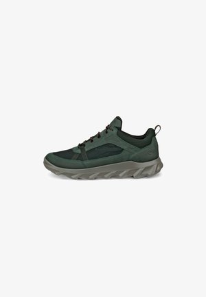 Green hiking shoes featuring a mix of textured suede and mesh, with a chunky rubber sole and brown laces for secure fastening.