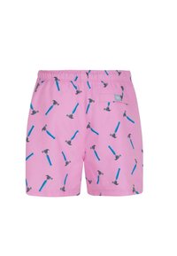 Roze zwembroek met een herhalend blauw en grijs hamerpatroon. Elastische tailleband met een achterzak en subtiele merkteken.