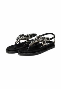 Infradito neri con upper gioiello che presenta dettagli neri e argento. Realizzati in materiale morbido con suola texturizzata per una buona aderenza.