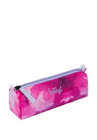 Astuccio rosa con un design floreale, realizzato in materiale resistente, dotato di chiusura con zip e una piccola maniglia su un lato.