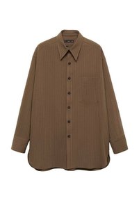 Chemise marron à manches longues en texture côtelée, avec un col pointu, une fermeture à boutons sur le devant et une poche poitrine.