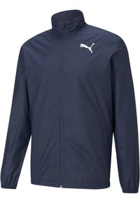 Navy blue lightweight jacket made of smooth fabric, featuring a high collar, full front zipper, and a white logo on the left chest.
