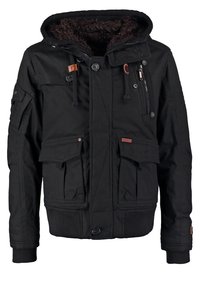 Veste noire avec capuche, doublure en fourrure et plusieurs poches ; équipée de fermetures éclair, boutons et poignets côtelés. Tissu durable avec un design structuré.