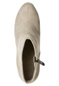Beige suede ankle boot with a pointed toe and side zipper. The upper has a smooth texture, creating a streamlined design.