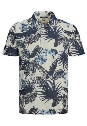 Polo à manches courtes en beige clair avec un imprimé floral tropical bleu et marine. Comprend un col et une patte de boutonnage à trois boutons.