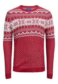 Pull rouge en maille avec motifs nordiques blancs, comprenant des flocons de neige et des formes géométriques, manches longues et encolure ronde.