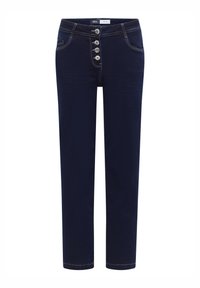 Pantalones vaqueros azul oscuro con corte recto, cierre de cinco botones y costuras amarillas contrastantes. Presentan bolsillos delanteros y sin adornos.