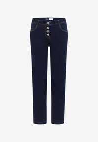 Pantalones vaqueros azul oscuro con corte recto, cierre de cinco botones y costuras amarillas contrastantes. Presentan bolsillos delanteros y sin adornos.