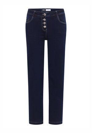 Mörkblå denimbyxor med rak passform, femknapparslåsning och kontrasterande gula sömmar. Har framfickor och inga prydnader.