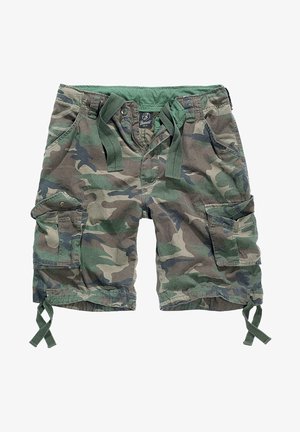 Katonai mintás cargo szhort, több zsebbel, elasztikus derékkal és húzókábellel, pamut anyagból készült.