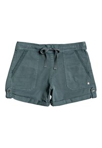Lehké tmavě modrozelené šortky s páskem na stažení, bočními kapsami a ohrnutými lemy. Mají jemnou texturu a ozdobné knoflíky.