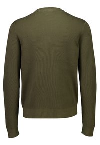 Rippstrick grüner Pullover mit langen Ärmeln, Rundhalsausschnitt und strukturierter Oberfläche. Nahtloses Design mit einem einfachen Saum an der Taille und den Bündchen.