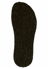 Schwarze Gummisohle mit strukturierten Oberflächen, die ein blattähnliches Muster aufweist, bietet Grip und Unterstützung. Abgerundete Zehenpartie und konturierte Form.
