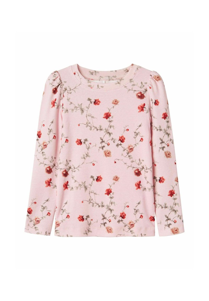 Ilga rankovė viršutinis drabužis švelnios rožinės spalvos audinyje su gėlių raštu, kuriame yra raudonų ir persikinių gėlių, žalių lapų bei apvaliu kaklu.
