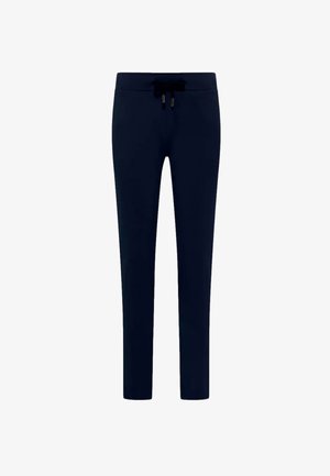 Navy blue sweatpants made of soft fabric, featuring a drawstring waistband, tapered legs, and no visible pockets or patterns.