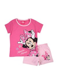 Tenue pour enfants composée de deux pièces roses avec un motif Minnie Mouse sur le chemisier et le short, ornée d'un nœud à pois et de papillons.