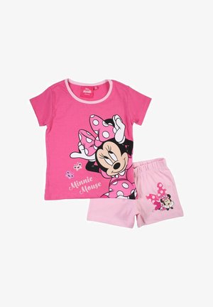 Tenue pour enfants composée de deux pièces roses avec un motif Minnie Mouse sur le chemisier et le short, ornée d'un nœud à pois et de papillons.