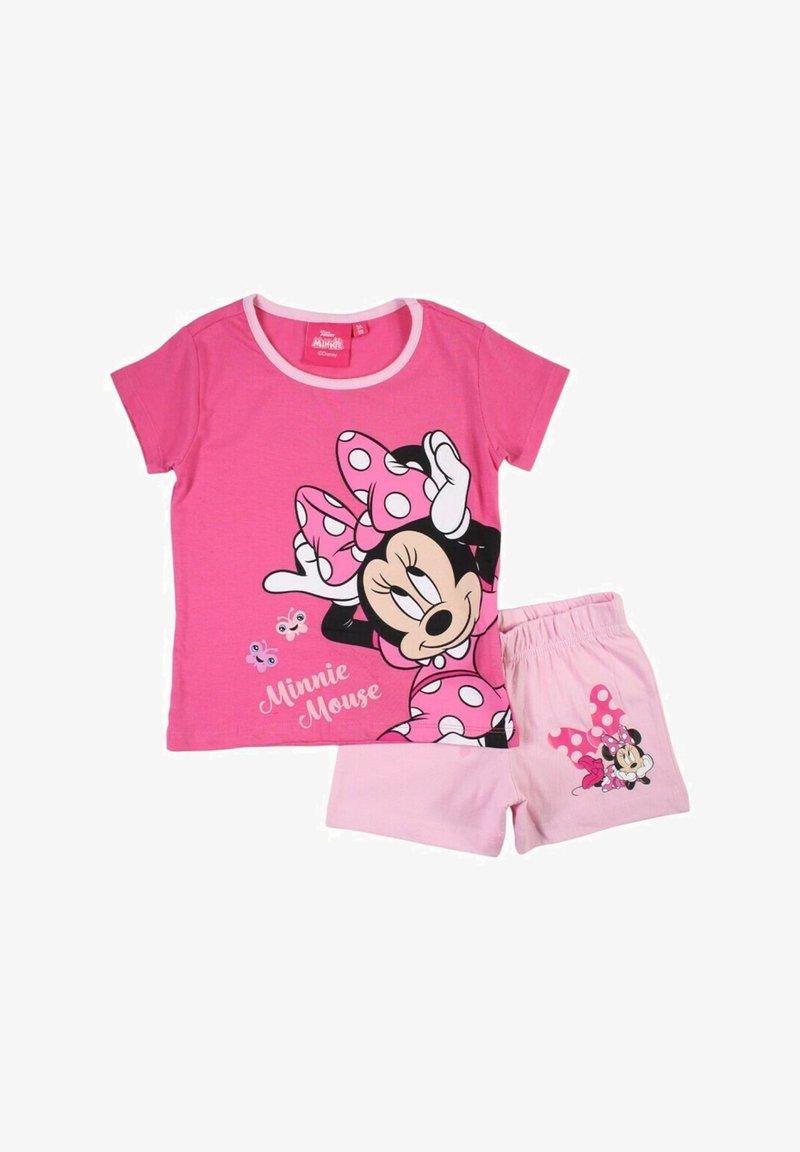 Tenue pour enfants composée de deux pièces roses avec un motif Minnie Mouse sur le chemisier et le short, ornée d'un nœud à pois et de papillons.