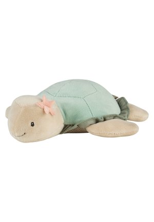 Weiches Plüschspielzeug in Form einer Meeresschildkröte mit hellgrüner Panzerung, beigem Körper, einem lächelnden Gesicht und einer rosafarbenen Seestern-Dekoration auf dem Kopf.