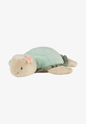 Soft plush sea turtle toy with light green shell, beige body, a smiling face, and a pink starfish decoration on its head.