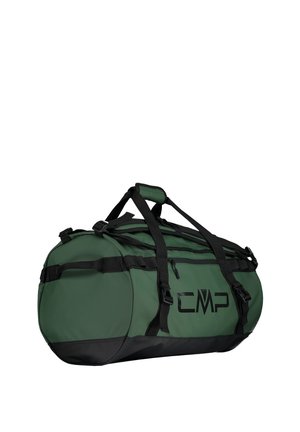 Grøn duffeltaske lavet af holdbart materiale, med sorte accenter og stropper, en lynlås-lomme og et fremtrædende sort CMP-logo.