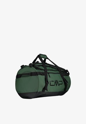 Grøn duffeltaske lavet af holdbart materiale, med sorte accenter og stropper, en lynlås-lomme og et fremtrædende sort CMP-logo.