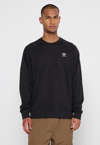 Svart sweatshirt med rund halsringning och raglanärmar. Den har en liten vit Adidas-logga på bröstet och en avslappnad passform.