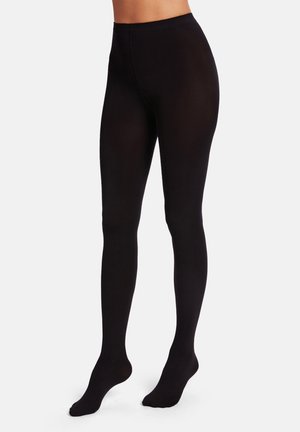 Svarta ogenomträngliga strumpbyxor med en slät yta, hel längd och hög midja. Tyget verkar vara elastiskt och kroppsnära.