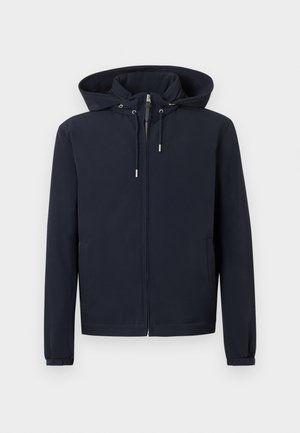 Marineblaue Kapuzenjacke mit Frontreißverschluss, verstellbaren Kordeln, langen Ärmeln und Seitentaschen vor einfarbigem Hintergrund.