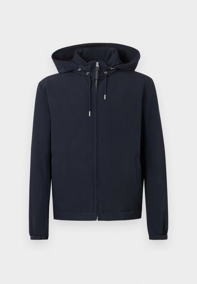 Μπλε ναυτικό σακάκι με κουκούλα, μπροστινό φερμουάρ, ρυθμιζόμενα κορδόνια, μακριά μανίκια και πλαϊνές τσέπες σε απλό φόντο.