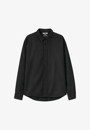 Mustast pikast varrukast nööpidega särk kraega ja nähtava õmblusega, kaelas siseküljel brändisilt "MIRA PARIS".