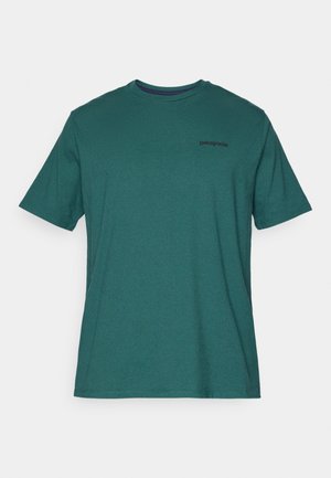Dark green short-sleeve Patagonia T-shirt with crew neck and small black brand logo on the upper left chest.