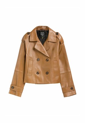 Brązowa skórzana krótka kurtka dwurzędowa z szerokimi klapami, pagonami na ramionach, przednimi kieszeniami i zapinanymi na guziki mankietami.