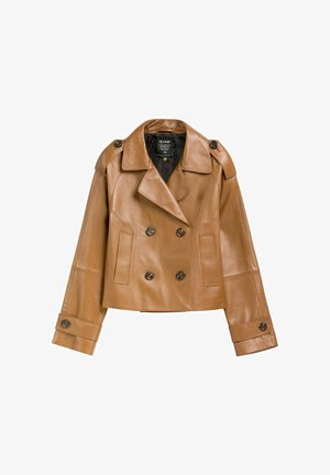 Brązowa skórzana krótka kurtka dwurzędowa z szerokimi klapami, pagonami na ramionach, przednimi kieszeniami i zapinanymi na guziki mankietami.